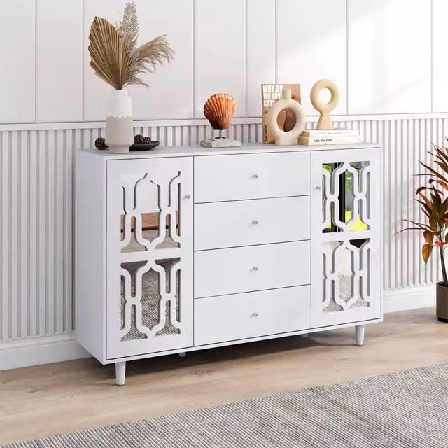 Credenza con due ante specchiate e quattro cassetti in MDF bianca per soggiorno e sala da pranzo 147 × 40 × 102 cm