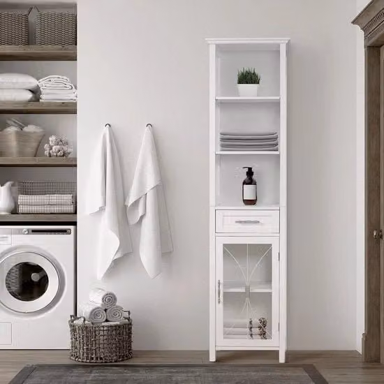Cassettiere per bagno alta - Mobili per bagno in legno con lavello e 3 ripiani - Cassettiera per bagno alta in legno bianca Specifiche tecniche: - Modello: - Materiale: Legno - Colore: Bianco - Caratteristiche: Con lavello e 3 ripiani