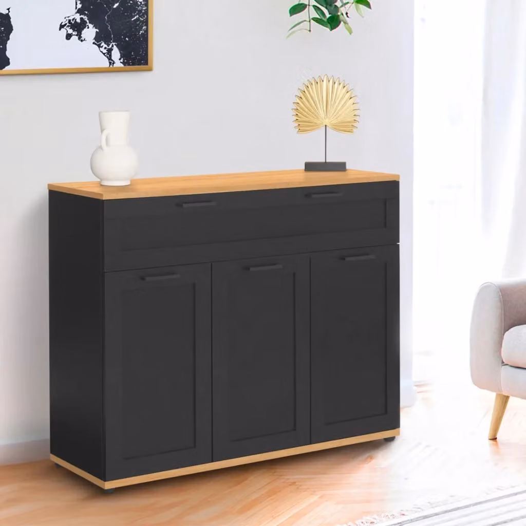 IDMarket Credenza VITO nera con piano in legno e 3 ante e 1 cassetto – 2
