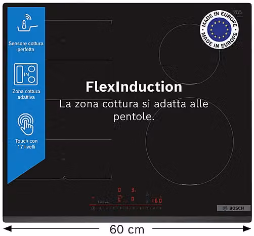 Bosch PIX631HC1E Piano cottura a induzione Serie 6 in vetroceramica nero con funzioni smart home e bridge function, L: 59,2 cm, P: 52,2 cm
