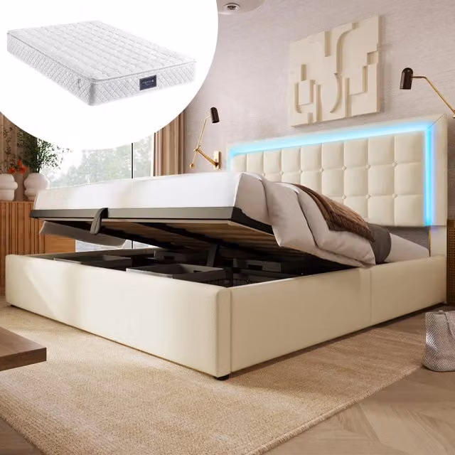 Letto contenitore matrimoniale 160 × 200 cm con LED, vano idraulico, con materasso, bianco