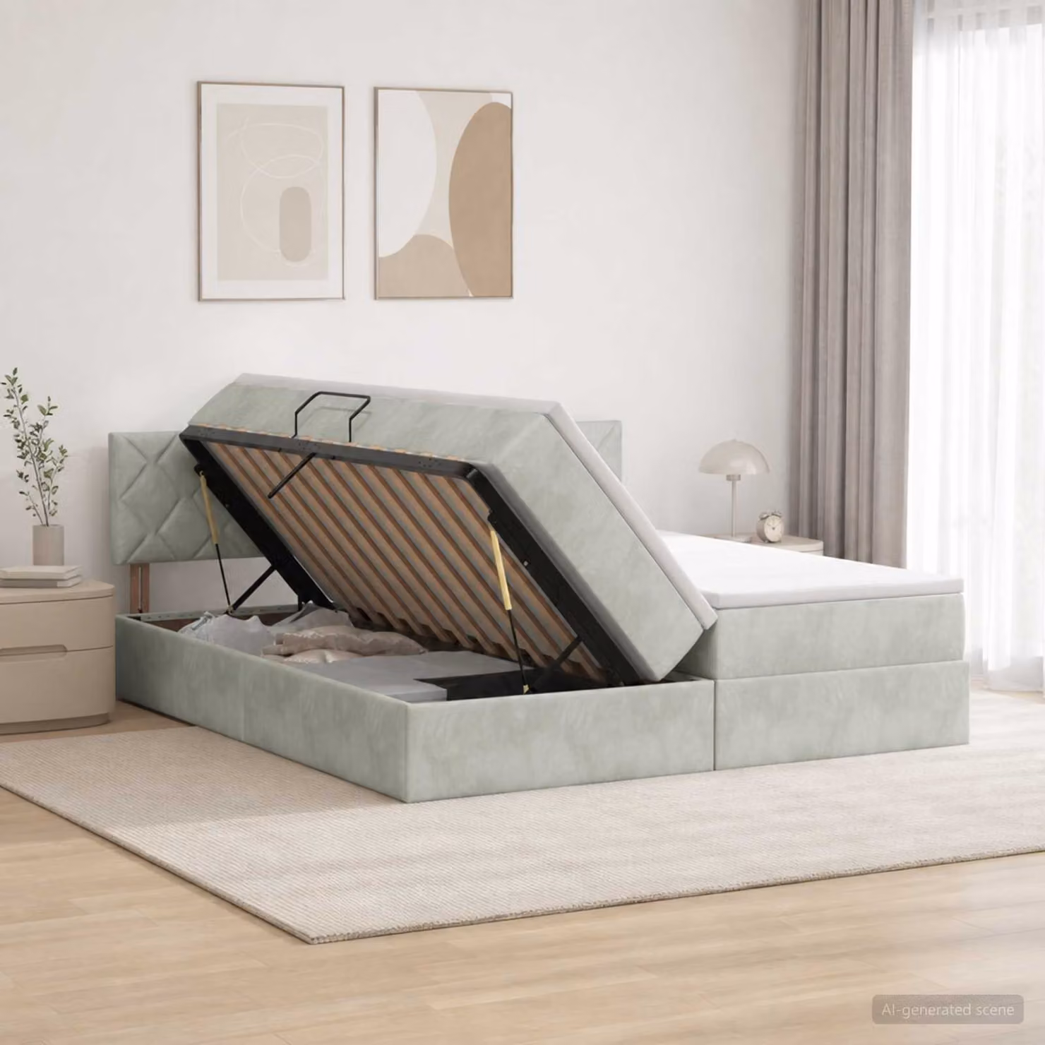 Letto con contenitore e testiera vidaXL in tessuto grigio e bianco, L/P/H: 200 x 140 x 204 cm