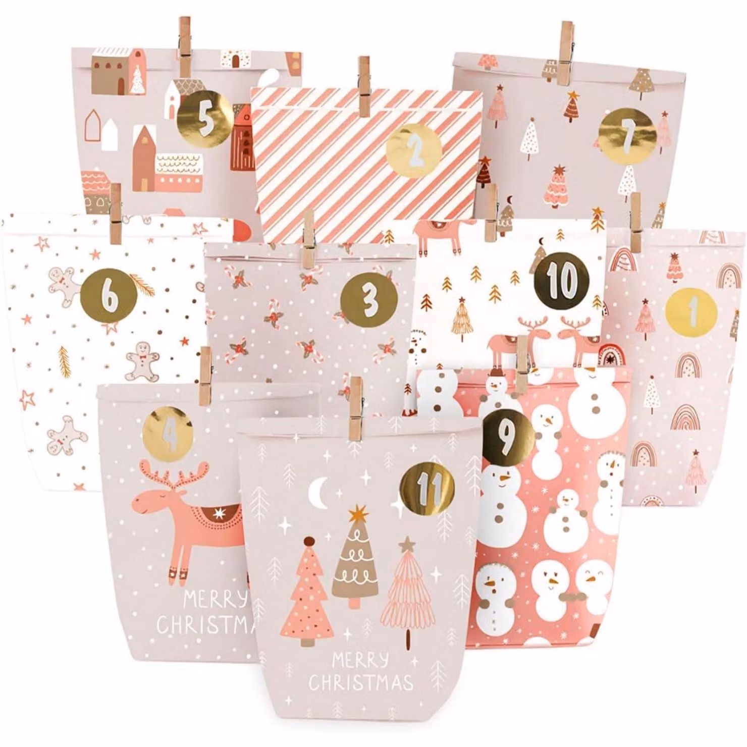 Calendario dell'Avvento da riempire, 24 sacchetti di carta stampati con numeri e adesivi, colore rosa