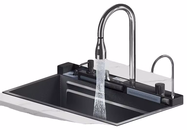 Lavello da cucina, acciaio inossidabile, display digitale intelligente, 75x45 cm, colore nero