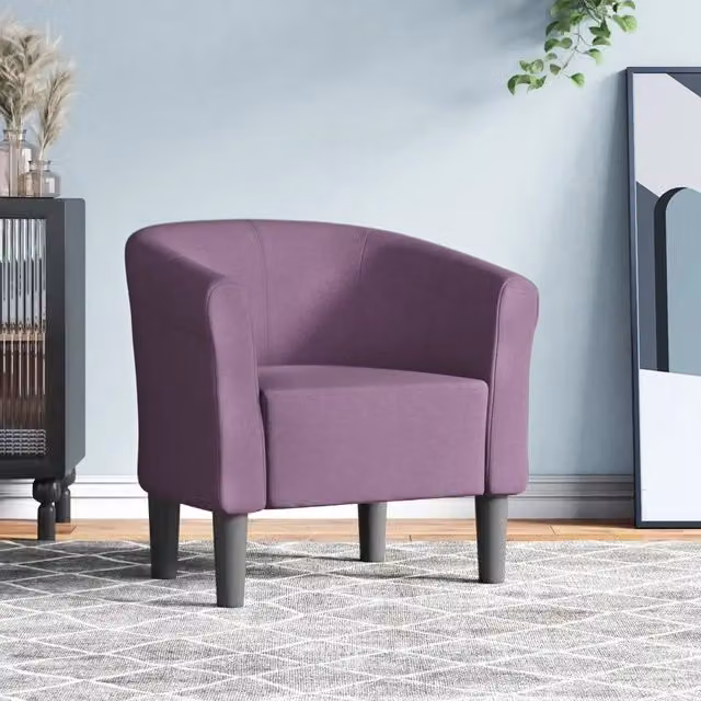 Poltrona lounge moderna vidaXL in tessuto viola con struttura in legno massello e braccioli