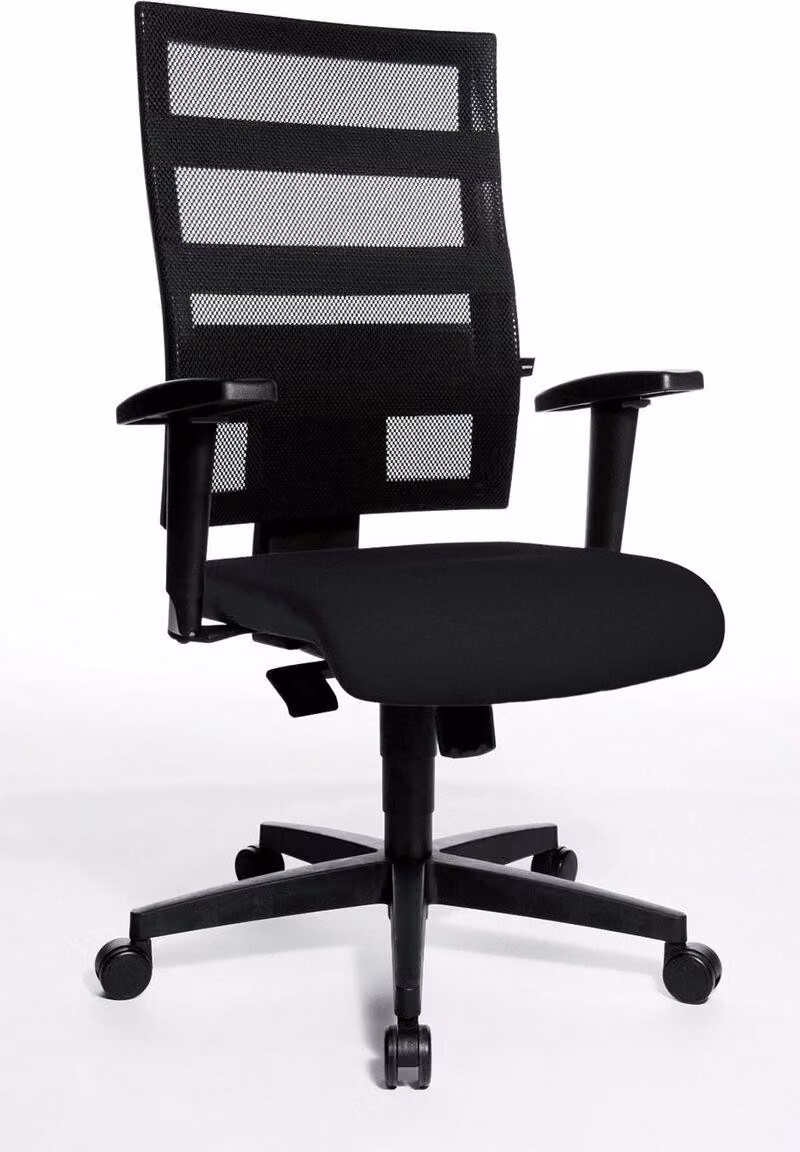Sedia girevole da ufficio con braccioli, schienale in rete, base in plastica, certificata GS, nera