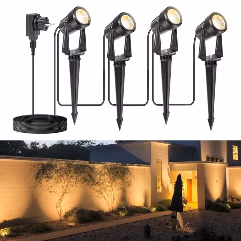 Set di 4 faretti LED da esterno, luce bianco caldo, grado di protezione IP67, 12 V, cavo da 17 metri