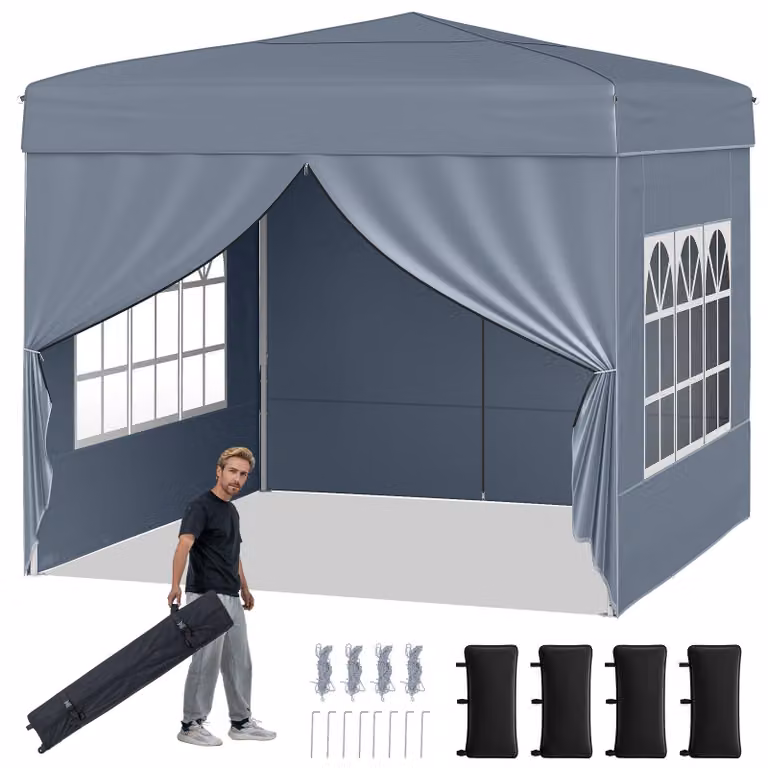 Gazebo COSTWAY 3x3 m, gazebo pieghevole pop-up con 4 pareti laterali rimovibili e tenda parasole, gazebo per feste regolabile in altezza su 3 livelli, gazebo da giardino grigio