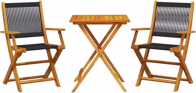 Set da Bistrot 3pz | Set Salotto da Giardino Nero in Polipropilene e Legno Massello