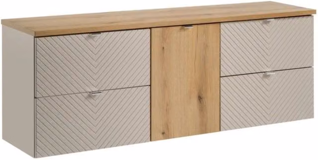 Set AOKI: mobili sotto lavabo con cassetti + cesto per la biancheria + piano lavabo in rovere