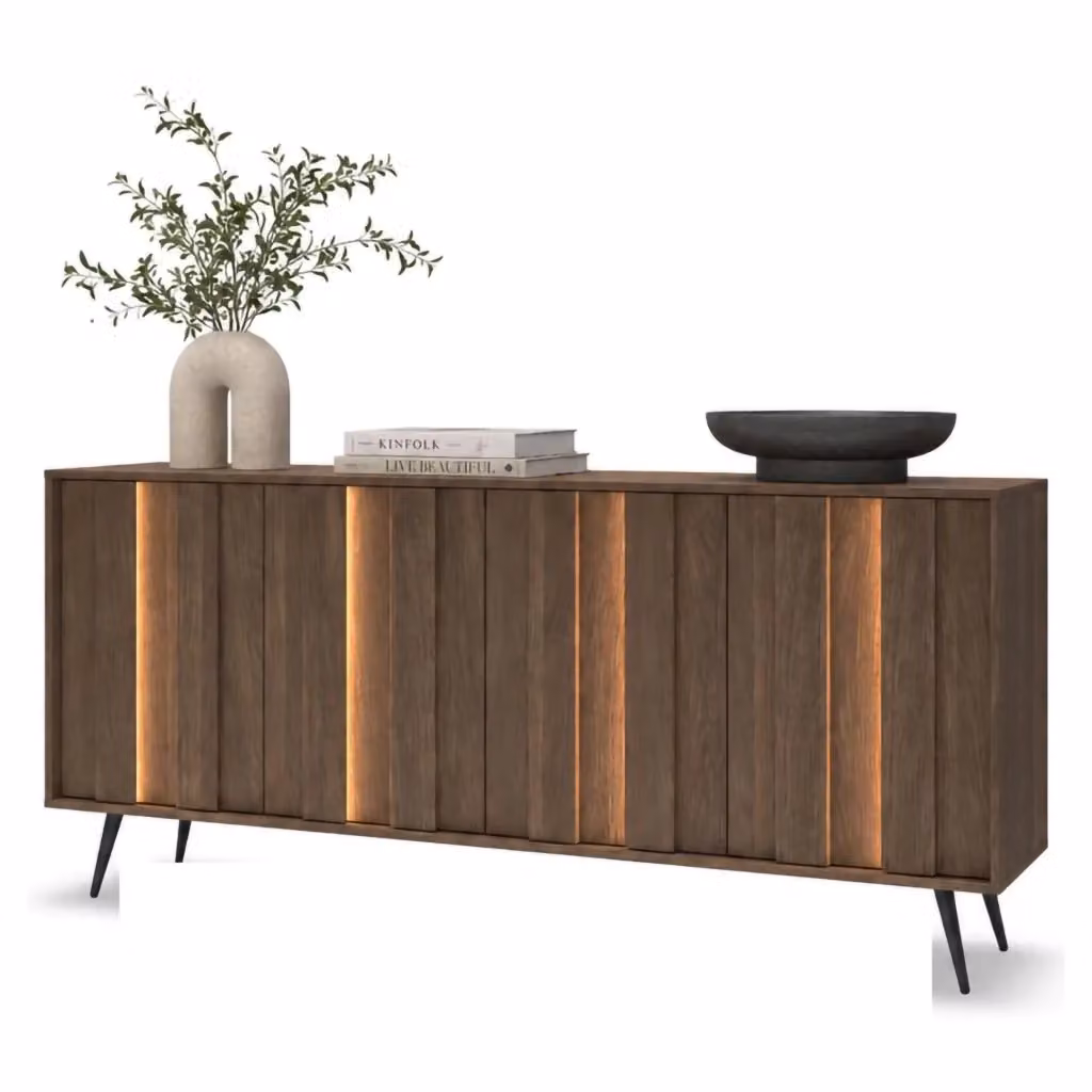 Madia Haga DMORA Credenza Moderna con 4 Ripiani e Illuminazione Integrata, Marrone Noce, L: 183 cm, P: 40 cm, H: 83 cm – 2