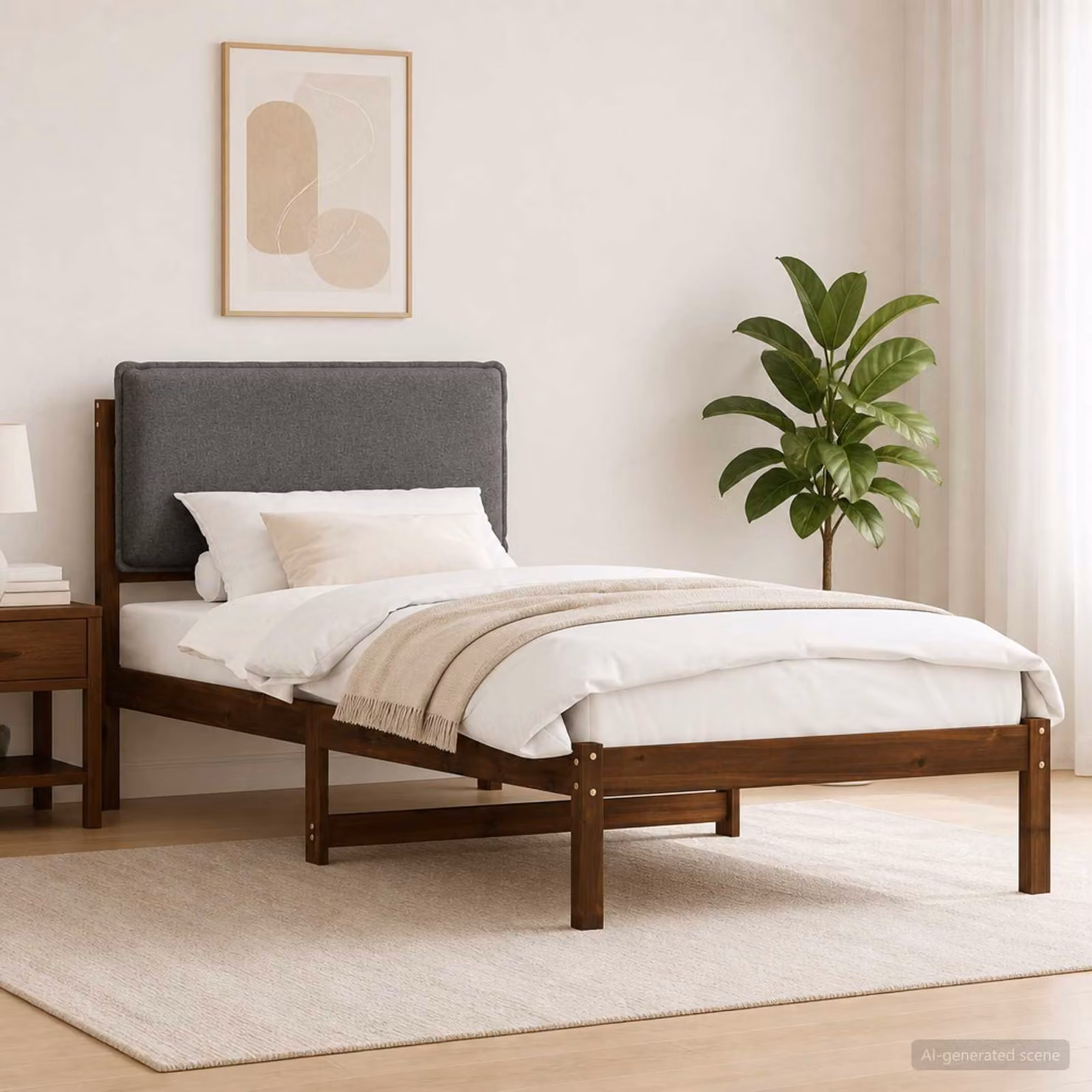 Letto con Testiera Rivestita vidaXL in Legno di Acacia e Tessuto, Marrone Scuro e Grigio Chiaro, L/P/H: 140 x 80 x 200 cm