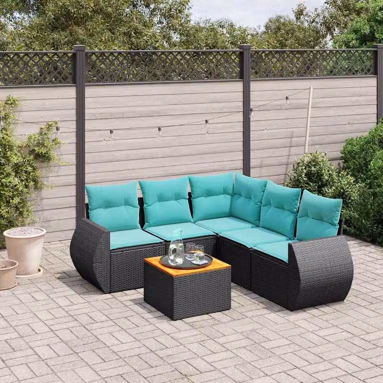 Set di divani da giardino vidaXL in polyrattan nero con cuscini e tavolino da esterno a forma di L