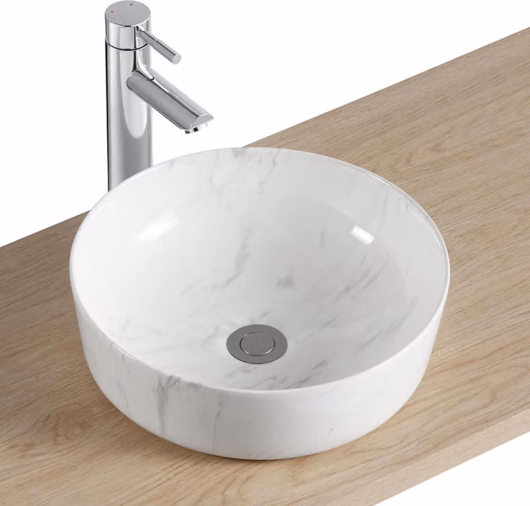 Lavabo da appoggio rotondo in Vetroceramica DIANE da 37 cm con effetto marmo bianco