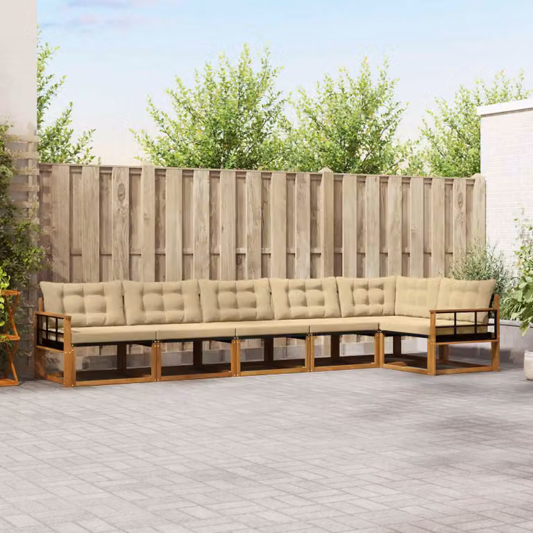 Set di divani da esterno vidaXL a forma di L composto da 6 pezzi in legno di acacia con cuscini beige e sabbia