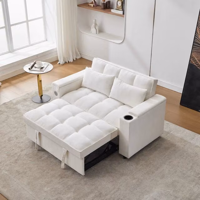 Divano letto convertibile con schienale regolabile porta USB tavolino nascosto e portabicchieri in tessuto beige
