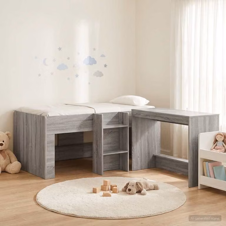 vidaXL Letto alto per bambini con scrivania, 2 pezzi, grigio, L: 200 cm, P: 120 cm, H: 163 cm