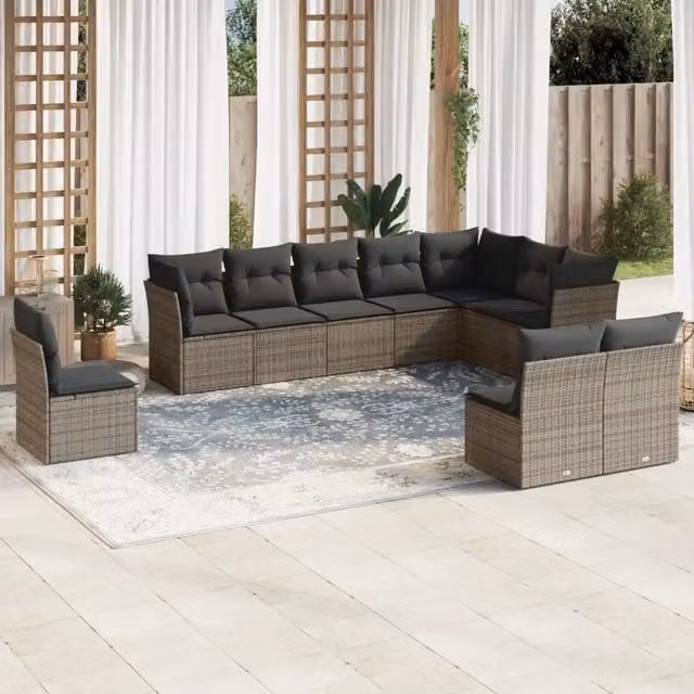 Set Divano da Giardino Moderno VIDAXL in Polyrattan Grigio con 10 Pezzi e Cuscini