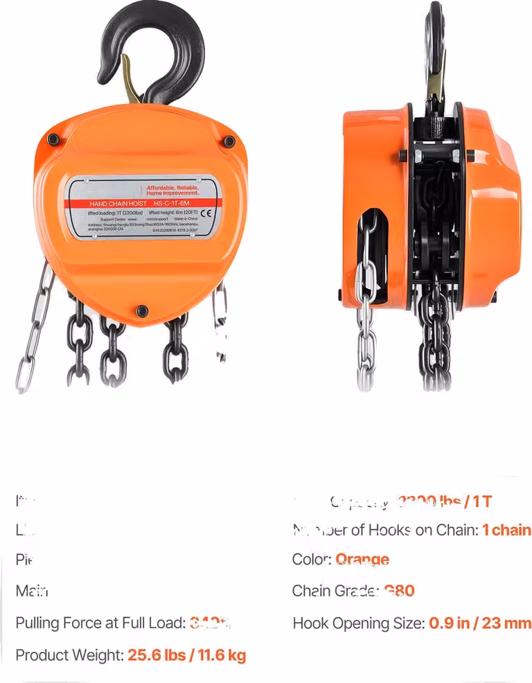 Paranco a catena manuale, elevata capacità di carico, sistema frenante di sicurezza, 1T 20FT
