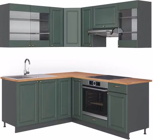 Cucina angolare completa Fame-Line Vicco in stile country house, Verde-oro rustico e Antracite, L/P/H: 190 x 160 x 60 cm