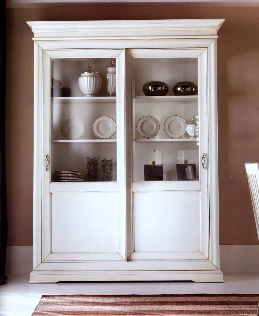 Vetrina classica in legno con ante scorrevoli in vetro stile shabby chic bianco anticato Mobili 2G L/P/H: 165 x 50 x 215 cm – 2