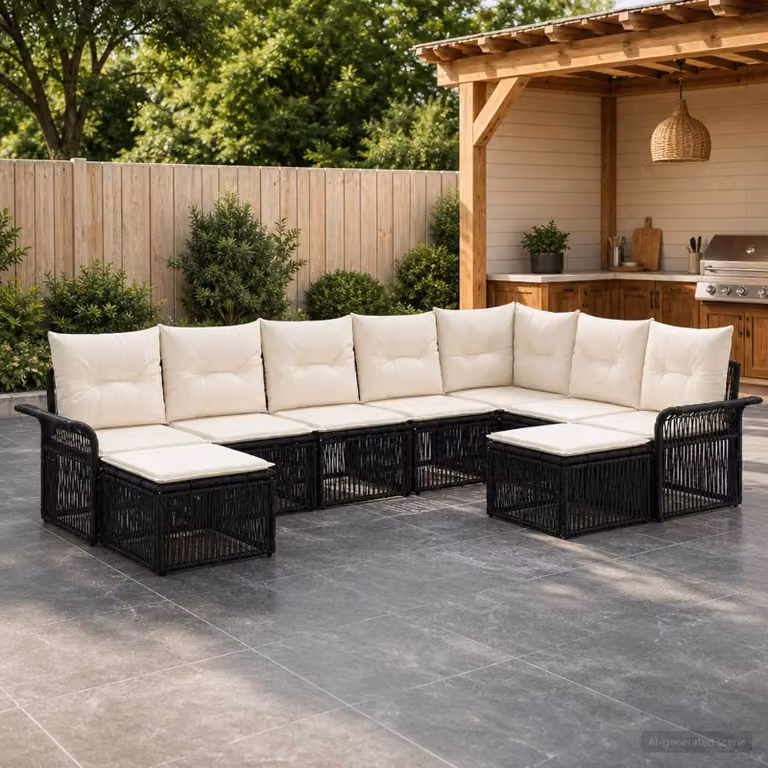 Maison Exclusive - Set da giardino composto da 9 pezzi. Divano e poltrone in rattan sintetico, colore nero e crema