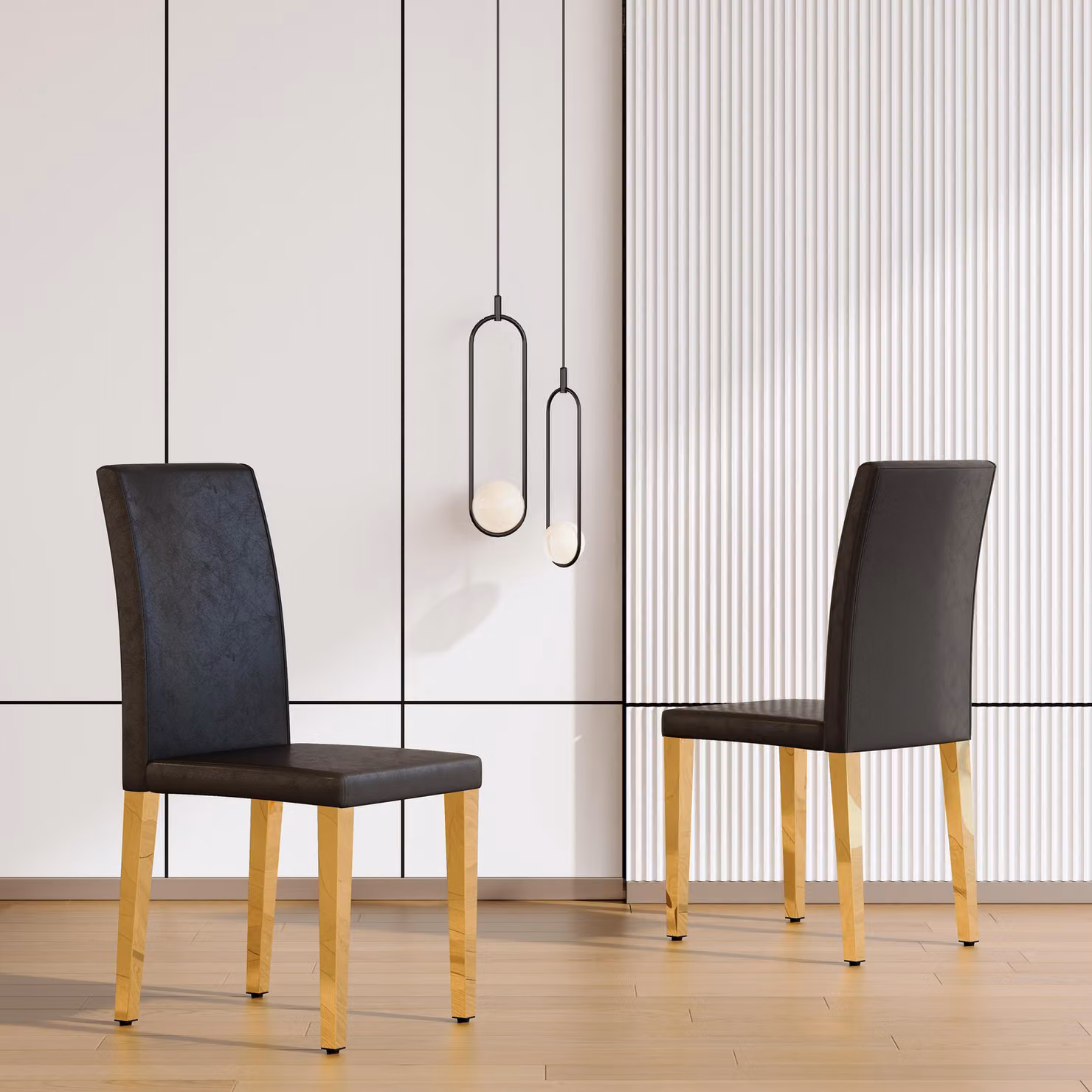 Set di 2 sedie da pranzo, design minimalista, rivestite in ecopelle, gambe in metallo, stile lussuoso e leggero (nero e oro)