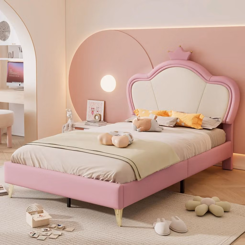 Letto per bambini con testiera a corona e bordi imbottiti in ecopelle rosa e bianco, L/P/H: 200 x 90 x 112 cm – 2