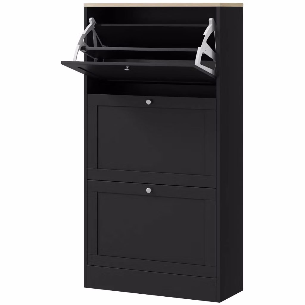 Scarpiera moderna Zephmum nera con cassetti e ripiani, sospesa a parete, L: 60 cm, P: 23,5 cm, H: 115 cm – 2