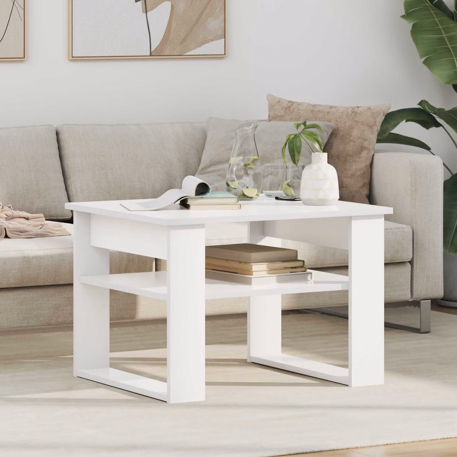 vidaXL Tavolino da salotto moderno in legno MDF bianco lucido L: 64 cm, P: 54 cm, H: 44 cm