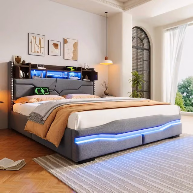 Letto imbottito 160x200 cm; contenitore idraulico e luci LED; lino; grigio (Senza materasso)