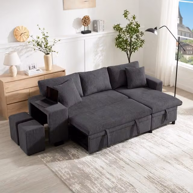 Divano angolare convertibile con funzione letto, USB e porta tipo C, contenitore e cuscini, in corduroy grigio