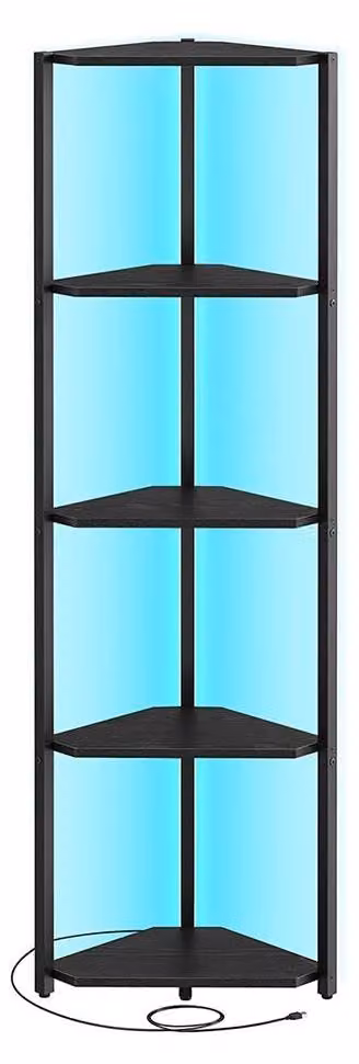 Libreria angolare a 5 ripiani con illuminazione a LED – Colore: nero – Dimensioni: 24,8 x 48 x 146,6 cm