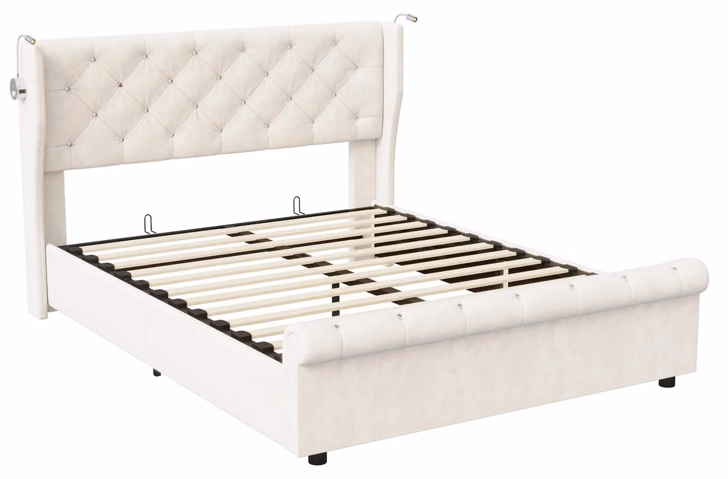 Letto imbottito 140 x 190 cm - Lampada da lettura - Contenitore sotto il letto con sistema di sollevamento idraulico - Tessuto velluto - Colore beige