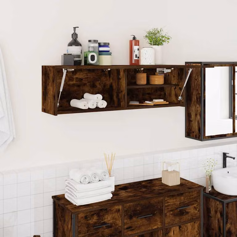 Armadietto da bagno vidaXL in legno MDF Rovere Fumo con ante a battente e ripiani interni, L 100 x P 25 x H 30 cm