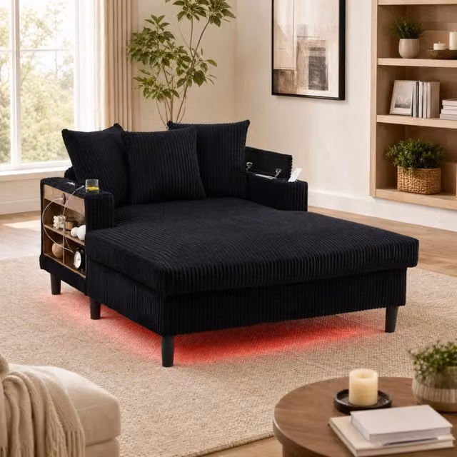 Chaise longue nera 129x170x70 cm con LED, vano portaoggetti, USB e portabicchieri in tessuto
