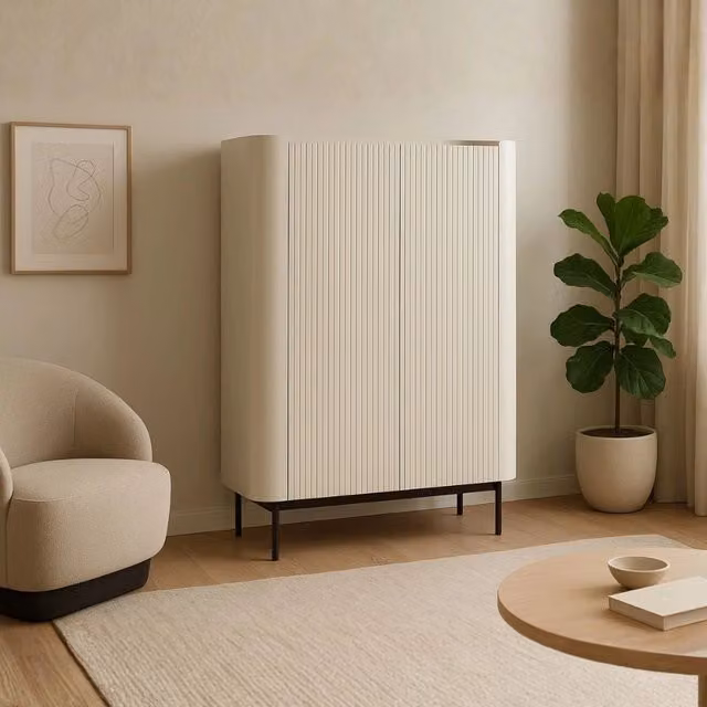 Credenza moderna Veriaffari con 2 ante a battente effetto rigato colore beige L: 100 cm, P: 40 cm, H: 140 cm
