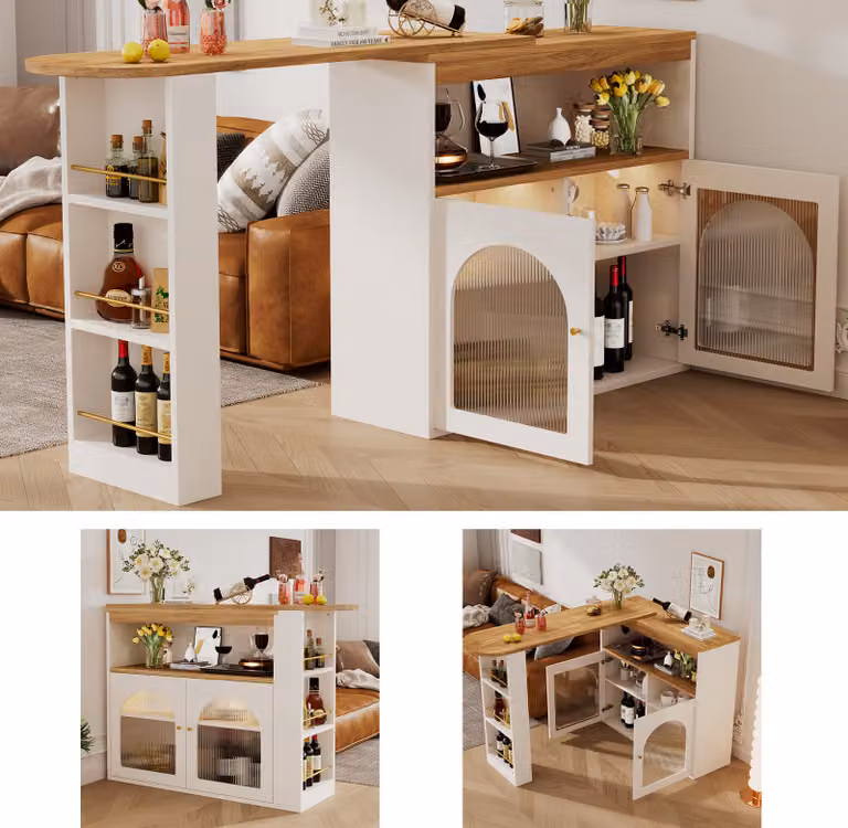 Flieks Tavolo da pranzo e da bar girevole a 360°, tavolo da pranzo e da cucina allungabile con mobile, tavolo alto con credenza e LED, bianco
