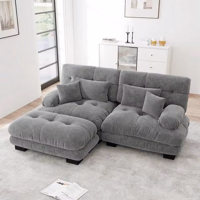 Divano angolare Cloud - Xylo - 2 posti in chenille con ampi braccioli e pouf, grigio