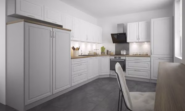 Mobile cucina a L ELBING Cucina componibile grigio bianco - pietra grigio chiaro HETTICH Guida a estrazione totale