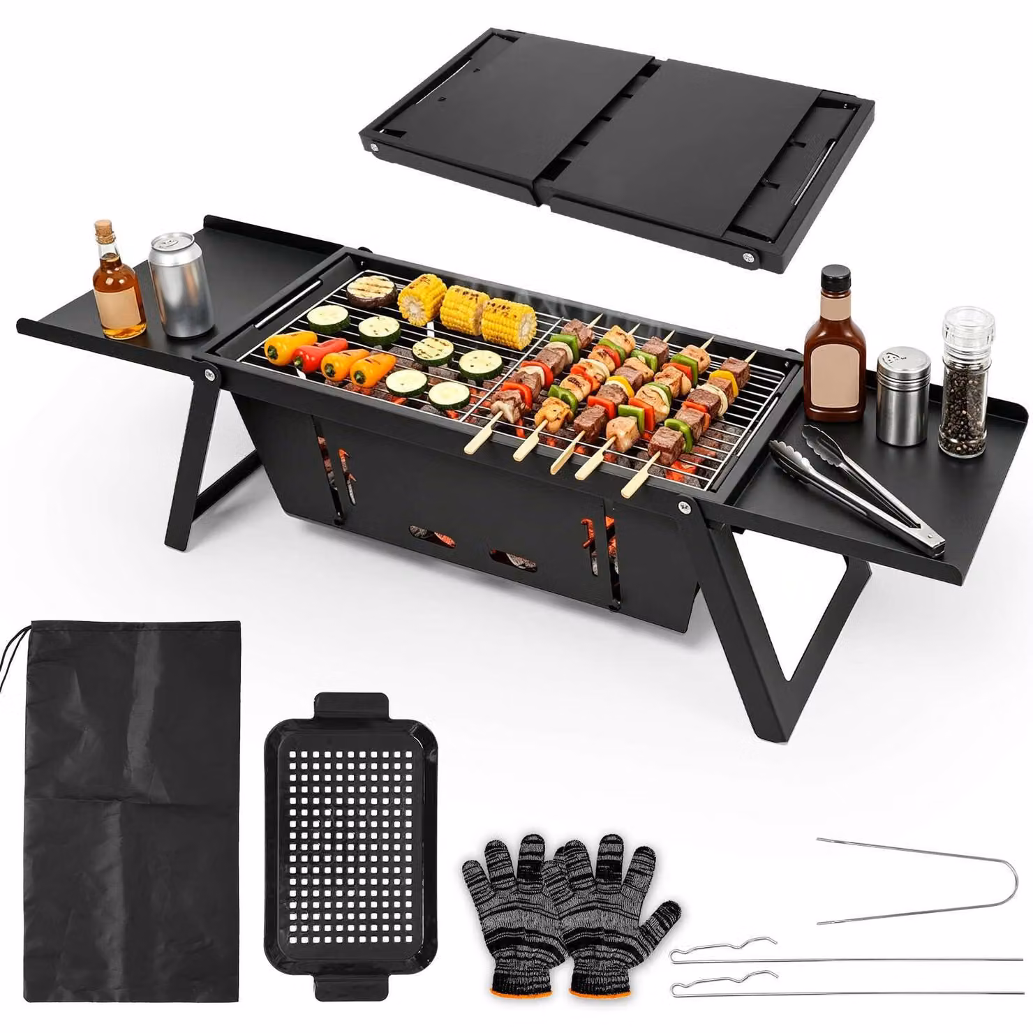 Griglia per barbecue a carbone Houtskool, con piano pieghevole a 3 livelli