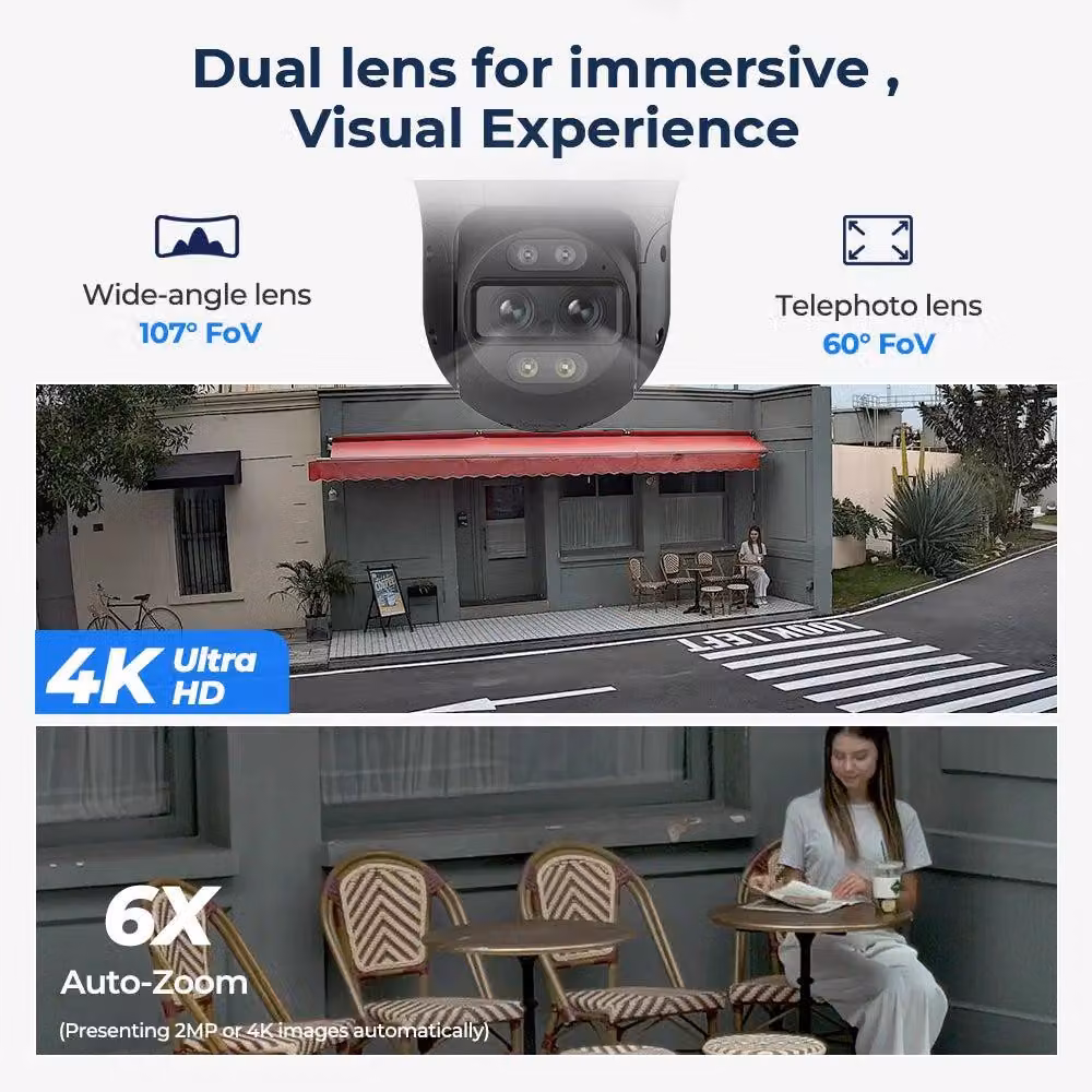 Telecamera di sicurezza – Telecamera PTZ a doppia lente 4K – Sorveglianza esterna – Rilevamento e tracciamento di oggetti tramite intelligenza artificiale – Visione notturna a colori