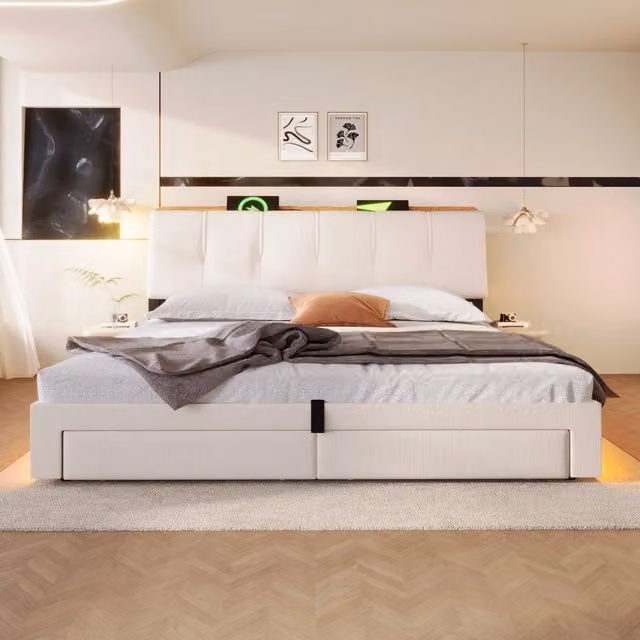 Letto contenitore OKWISH in lino beige con sistema idraulico, illuminazione LED e porte USB e Type-C, L/P: 180 x 200 cm