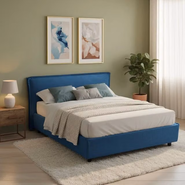 Letto alla francese Brienza DMORA con materasso incluso, base contenitore lift-up, blu, L: 120 cm x P: 200 cm – 1