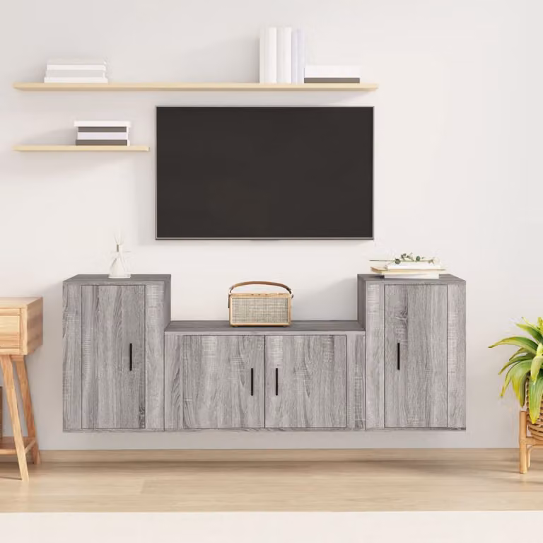 Set di mobili porta TV da 3 pezzi vidaXL in legno multistrato grigio, design classico a parete per il tuo soggiorno