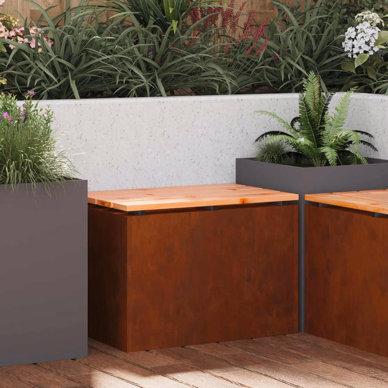 Panchina da giardino moderna vidaXL in acciaio corten e legno marrone L: 60 cm, P: 40 cm, H: 43 cm