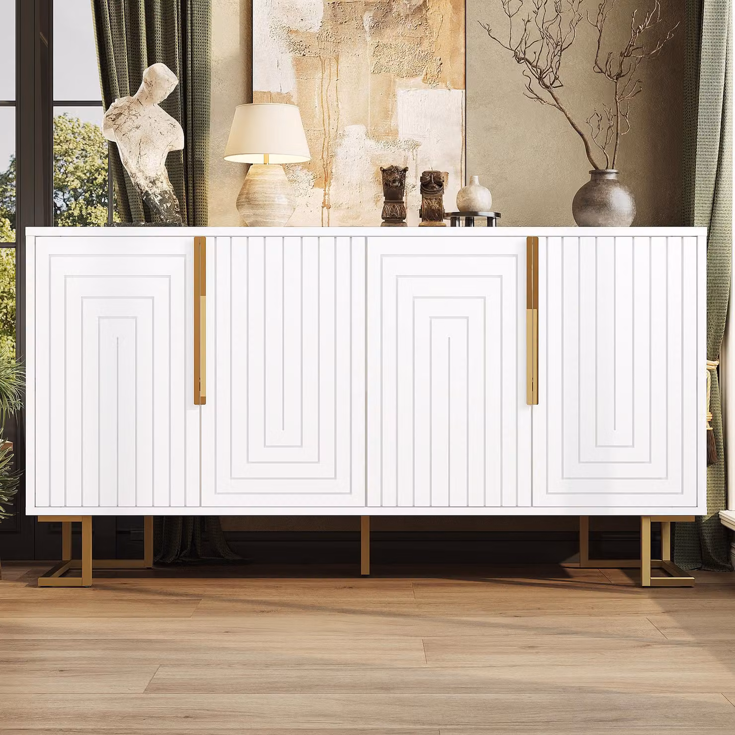 Credenza Flieks 152x40x75 cm, cassettiera a 4 ante, mobile buffet con maniglie e piedini dorati, mobile in piedi dal design geometrico, bianco