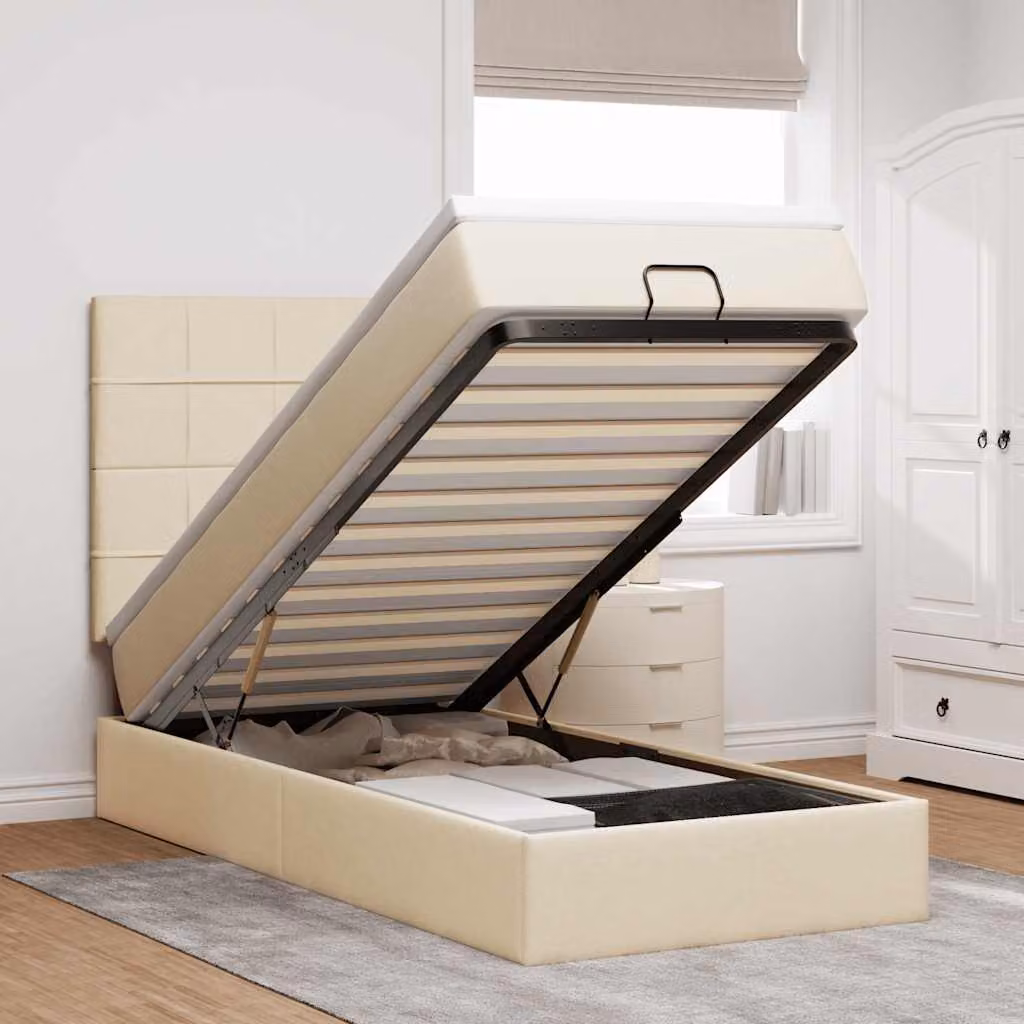 vidaXL Letto con Contenitore e Materasso in Tessuto Beige e Bianco, L/P/H: 90 x 190 x 128 cm