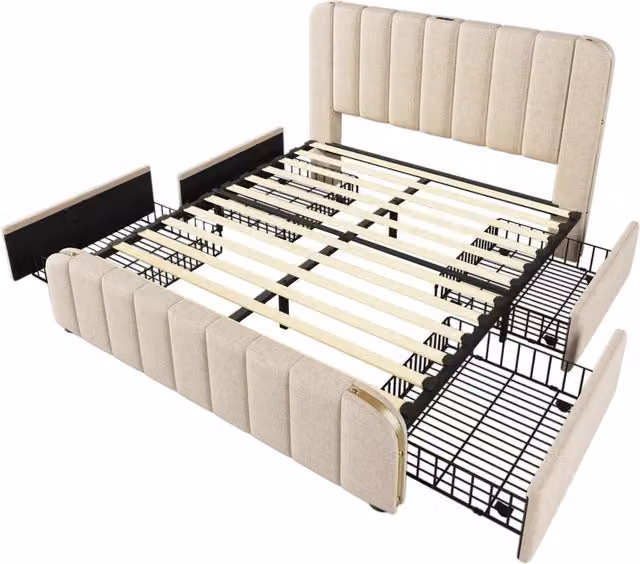 Letto matrimoniale moderno beige con 4 cassetti, testiera imbottita e porte di ricarica USB e Type-C, L/P/H: 140 x 200 x 147 cm