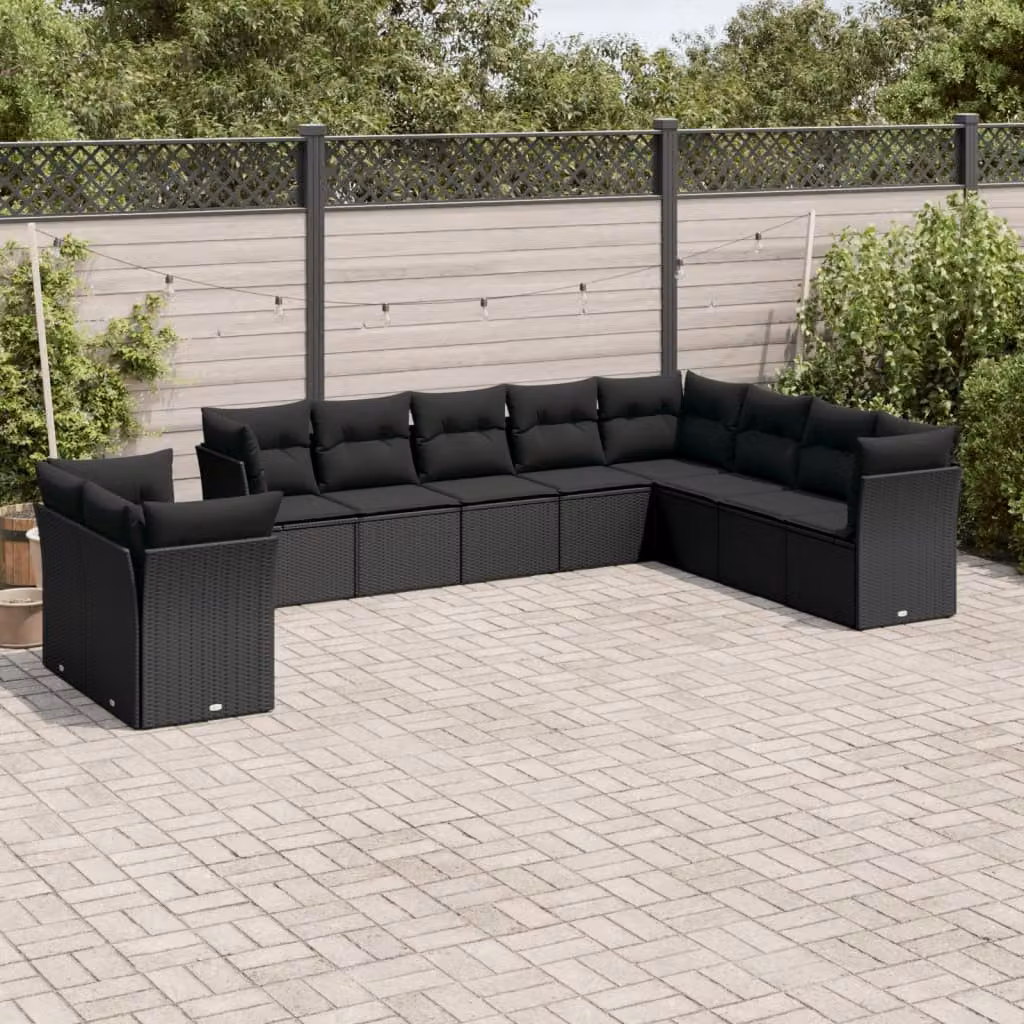 Set di divani da giardino vidaXL in polyrattan nero con cuscini, design moderno a forma di L per esterno e terrazza – 1